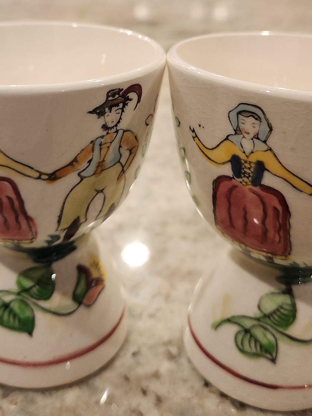 Hand-Painted Ceramic Egg Cups with Swedish Folk Dancer Motif - Cream